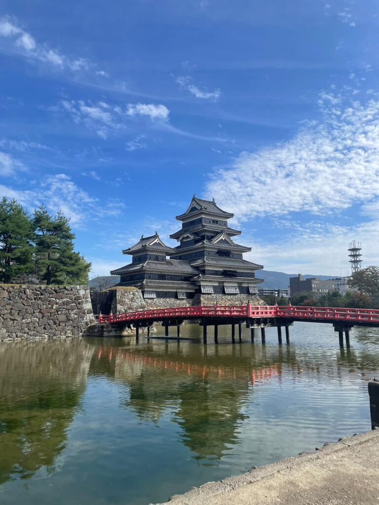 秋の青空の下にたたずむ松本城の全景