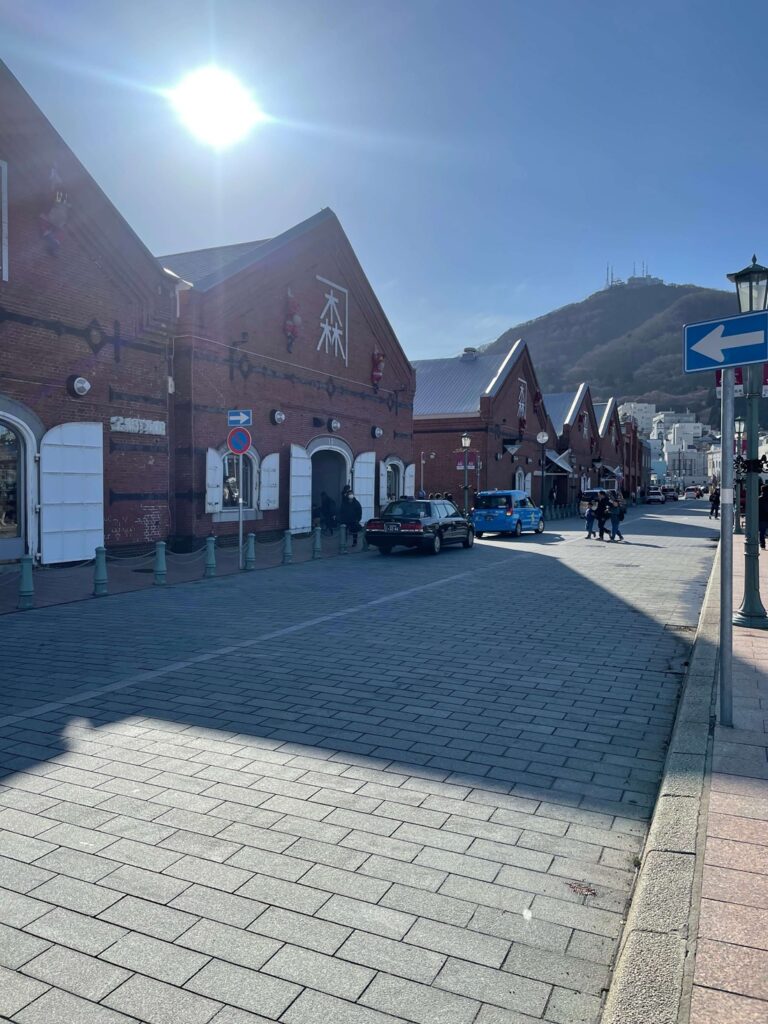 赤れんが倉庫群と函館山の風景