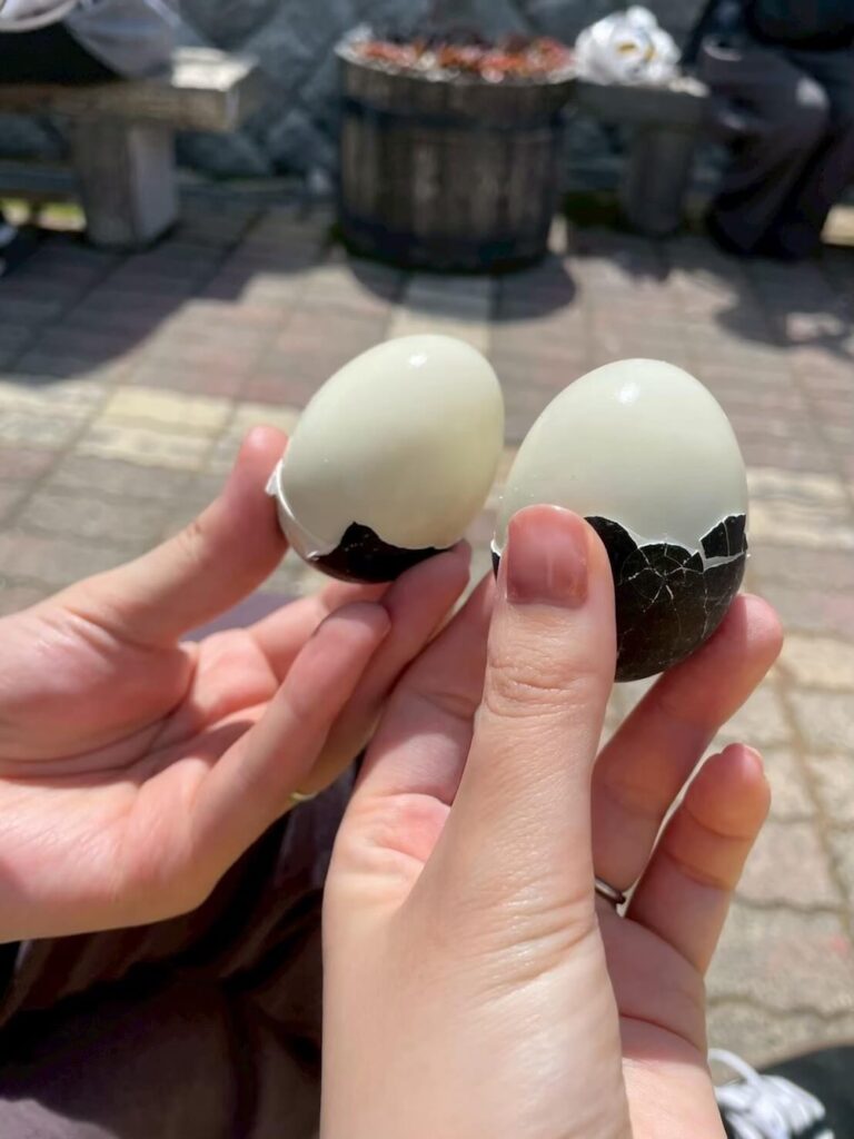 大涌谷名物の黒たまごを手に持って撮影した写真