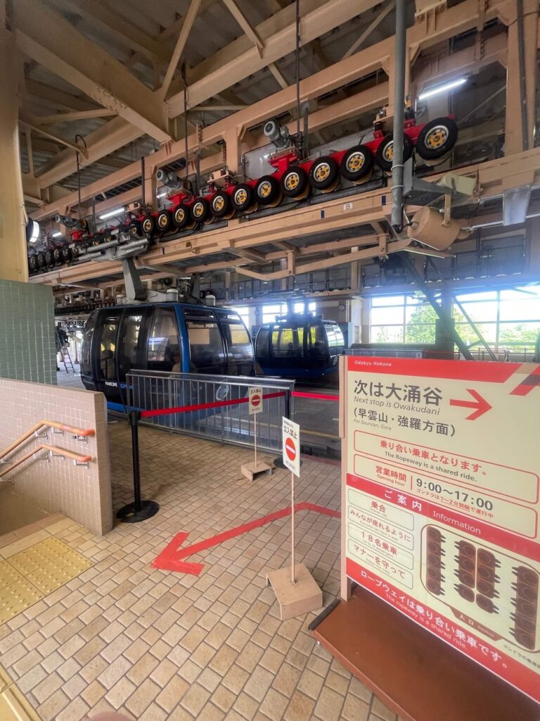 箱根ロープウェイ姥子駅のホームとゴンドラ
