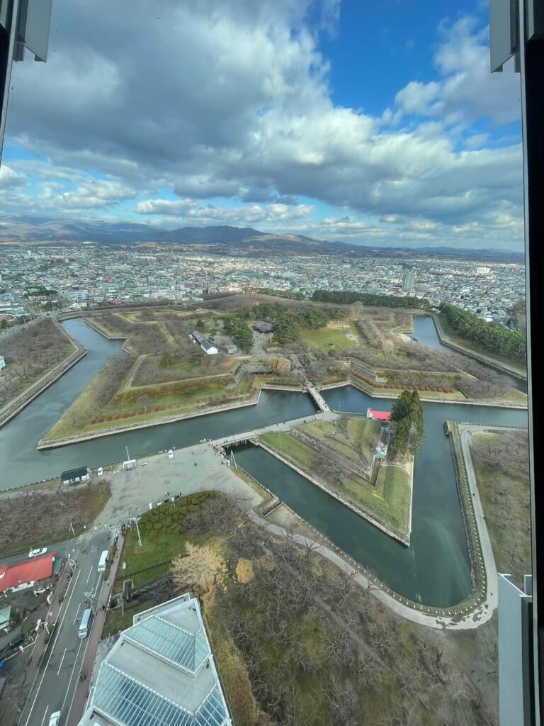 五稜郭タワー展望台から見た五稜郭全体と函館市街の景色