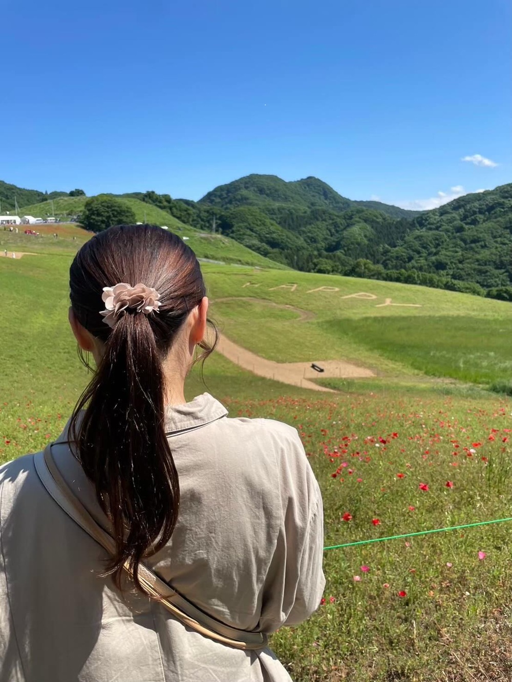 秩父・皆野の天空のポピーで一面の花畑と山の景色を眺める様子